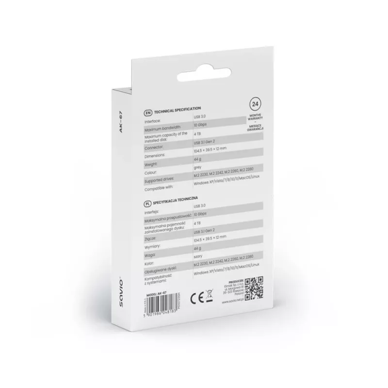 Obudowa M.2 SSD SAVIO AK-67 szara, USB 10 Gbit/s, obsługa pojedynczego dysku M.2