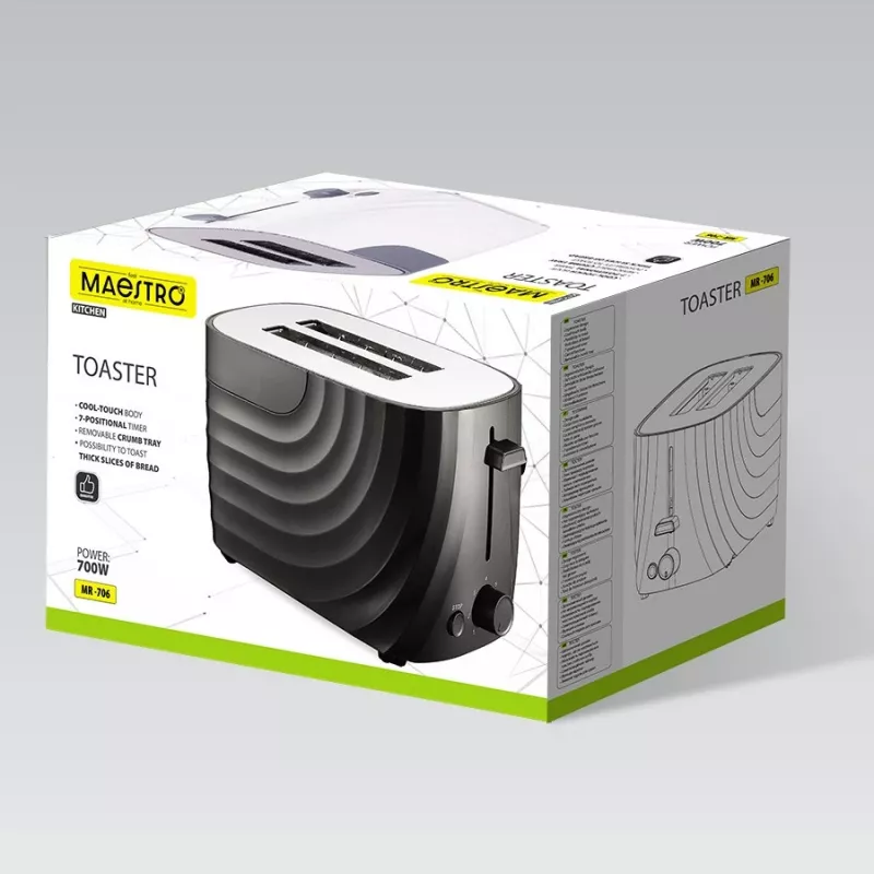 Toster Maestro MR-706-Czarny, czarny kompaktowy toster na 2 kromki