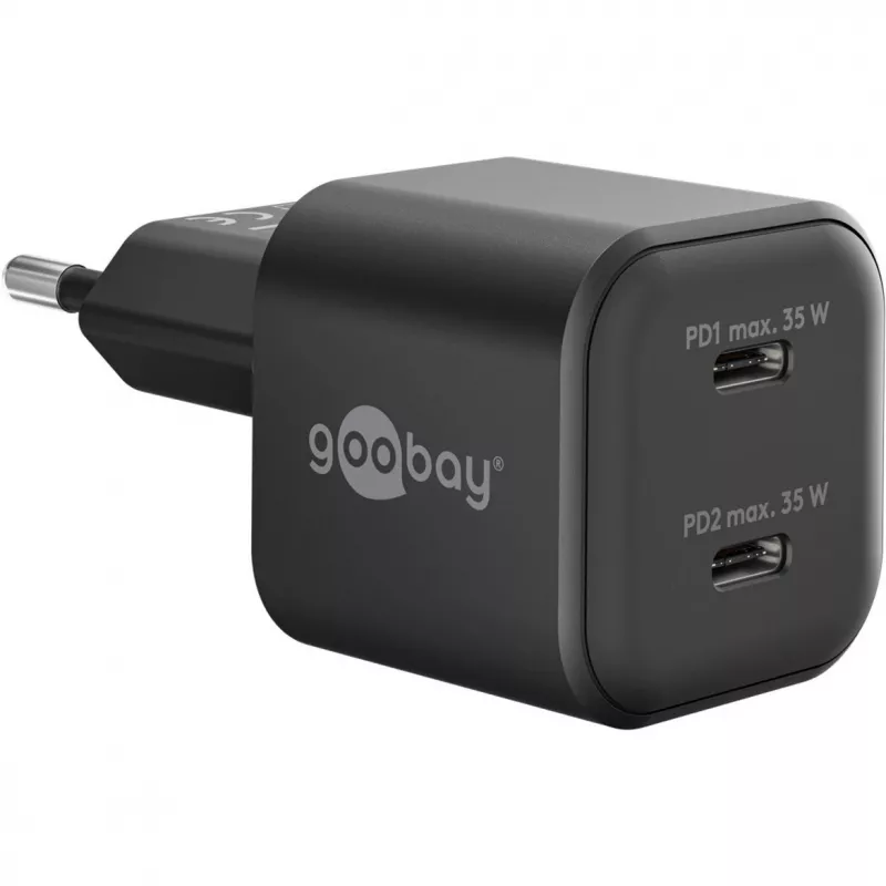 Ładowarka ścienna GOOBAY 75333 — uniwersalna wewnętrzna ładowarka AC USB-C, 2x USB-C, 35 W, czarna