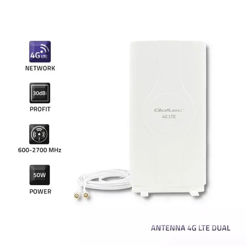 Antena dookólna QOLTEC 57013, 0,6–2,7 GHz, 30 dBi, polaryzacja pionowa, 50 Ω, biała obudowa ABS