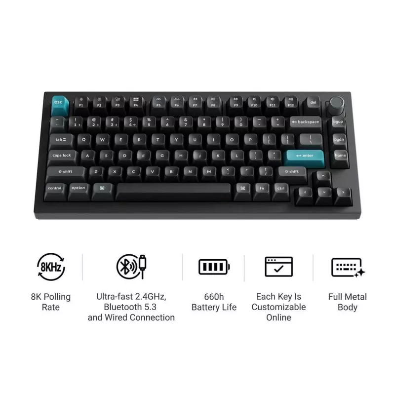 Mechaniczna klawiatura 75% Keychron Q1 Ultra 8K — USB + bezprzewodowa RF + Bluetooth, RGB, czarna