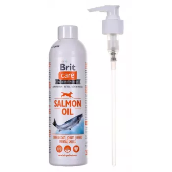 Suplement olejowy dla psa Brit Care Salmon Oil 250 g — płynny, bez konserwantów, poprawia stan skóry i sierści