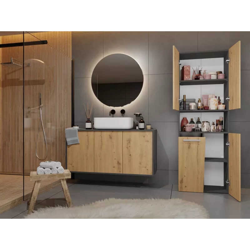 Szafka łazienkowa Top e Shop NEL 1K DK ANT/ART KP — Grafit/Dąb, wolnostojąca, 5 półek, 600×300×1740 mm