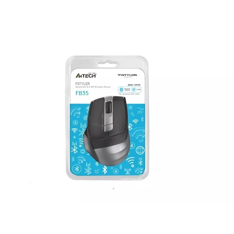 Mysz bezprzewodowa A4Tech FB35 (model 46717) — Bluetooth + 2,4 GHz, 2000 DPI, 6 przycisków, szara