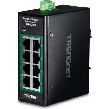 TRENDnet 8-portowy przemysłowy mini przełącznik Gigabit PoE+ do szyny DIN (TI-PGLC80)
