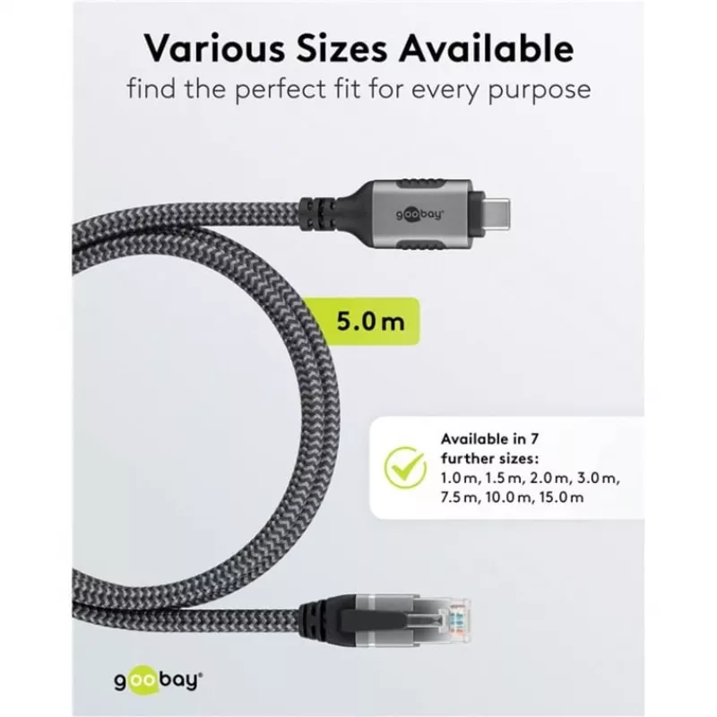 Kabel Ethernet USB-C 3.2 Gen2 wtyczka > wtyczka RJ-45 (czarny/srebrny, 5 metrów, pleciona osłona tekstylna)
