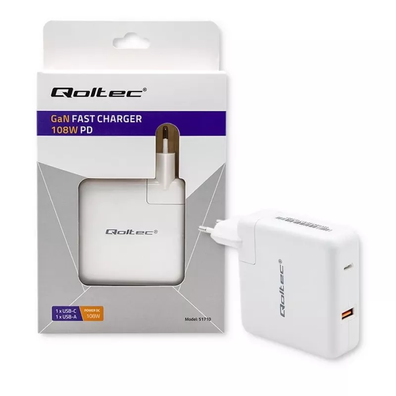 Qoltec GaN Charger FAST 108W | 5-20V | 3-4.7A | USB C | Biały