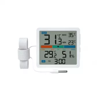 Termohigrometr MANTA MTO002W z czujnikiem zewnętrznym (150 cm), wewnątrz 0–+50°C, na zewnątrz -40–+70°C, wilgotność 20–95% RH, wskaźnik komfortu, zegar