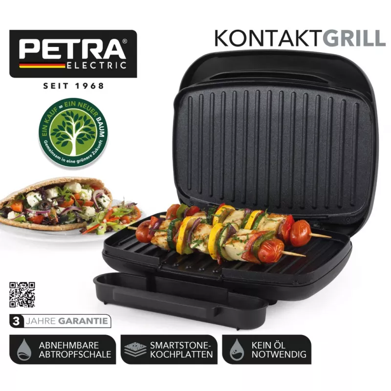 Grill elektryczny Petra PT4366MBLKVDE czarny z nieprzywierającą powierzchnią i regulacją temperatury