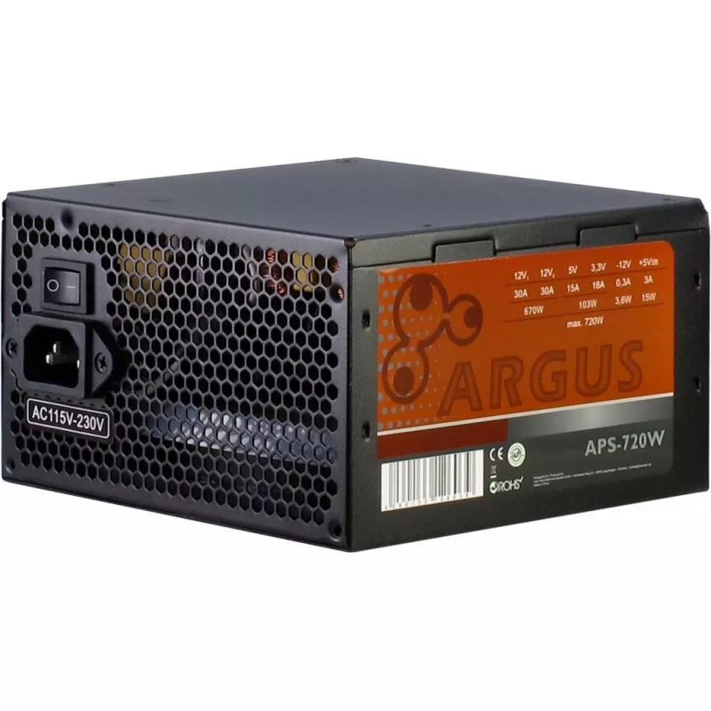 INTER TECH Argus APS-720W - Zasilacz (115-230 V, 20+4 pin ATX, 47-63 Hz, 12V1, +12V2, +3,3V, +5V, +5Vsb, 12V, aktywny PFC, ATX, czarny)