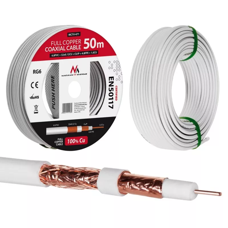 Kabel koncentryczny Maclean MCTV-471 RG-6/U 50 m biały