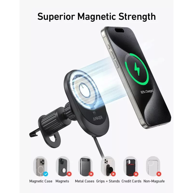 Bezprzewodowa magnetyczna ładowarka samochodowa Anker MagGo 15W — Magnetyczne szybkie ładowanie Qi 15W do smartfonów, czarna