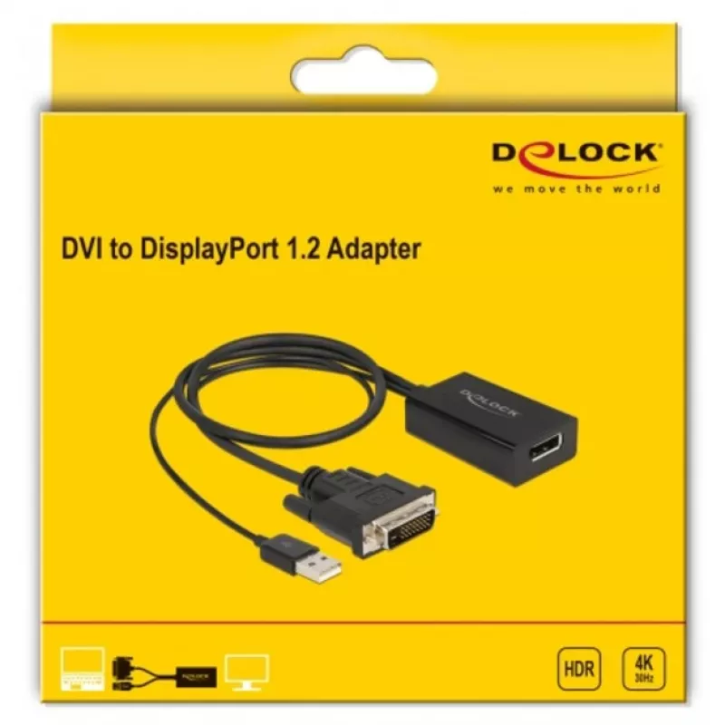 Delock - Kabel adapterowe - DVI-D, USB (tylko zasilanie) (M) do DisplayPort (W) - DisplayPort 1.2 - 50cm - obsługa 4K 30 Hz - czarny (63189)