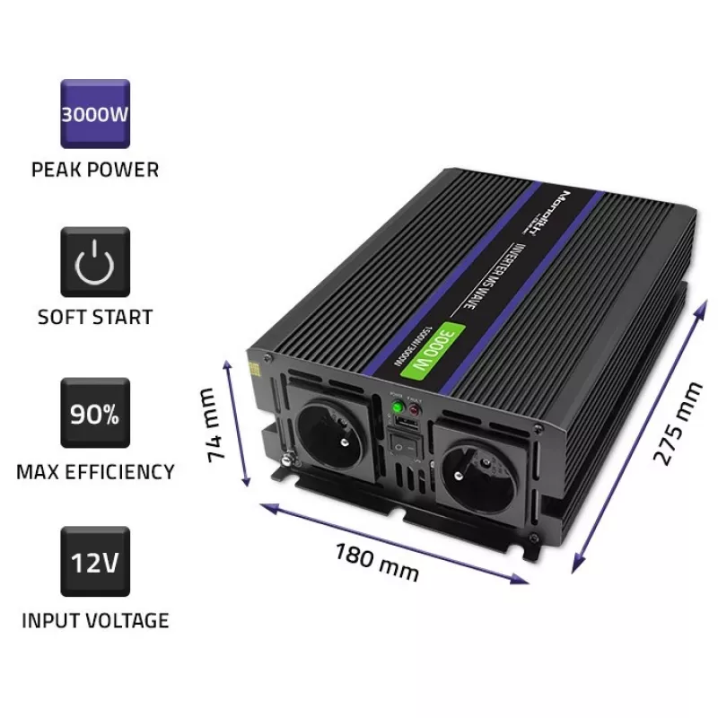 Przetwornica napięcia QOLTEC Monolith 3000 MS Wave, 12V→230V, 1500/3000W, z USB