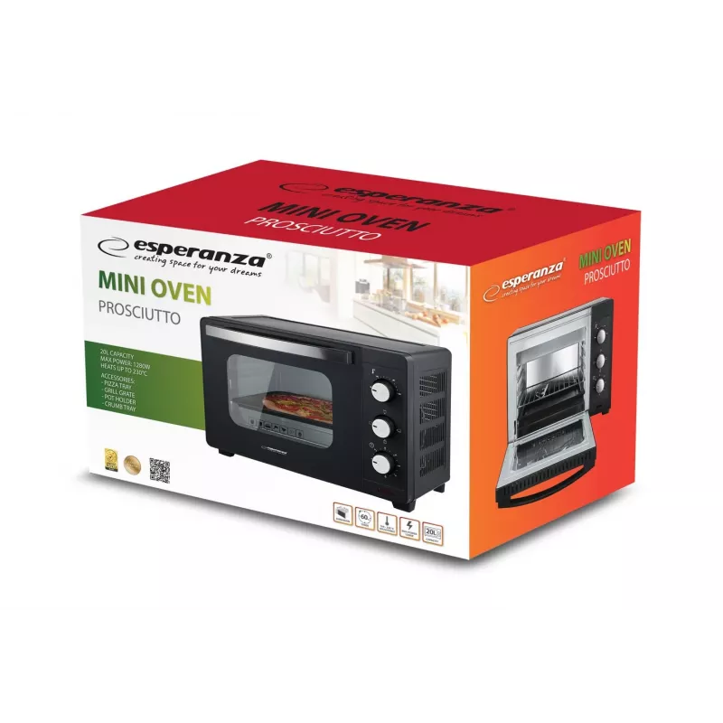 Mini piekarnik ESPERANZA EKO008N — 20 L, 1280–1300 W, do 230°C, 60‑minutowy mechaniczny timer, pokrętła, szklane drzwi, wolnostojący
