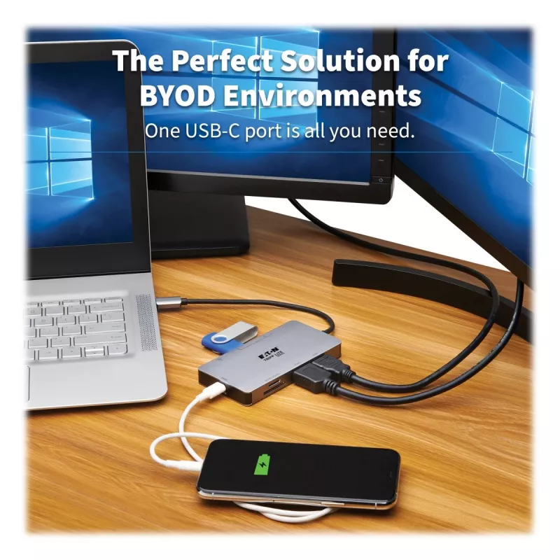 Stacja dokująca Eaton Tripp Lite USB-C, podwójny wyświetlacz - 4K 60 Hz HDMI, USB 3.2 Gen 1, koncentrator USB-A, GbE, czytnik kart, ładowanie 100W PD, szary