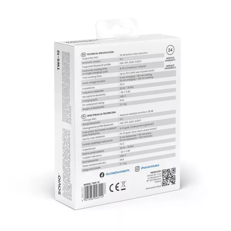 Zestaw słuchawkowy douszny TWS SAVIO TWS-12, Bluetooth 5.3, wbudowany mikrofon, czarny