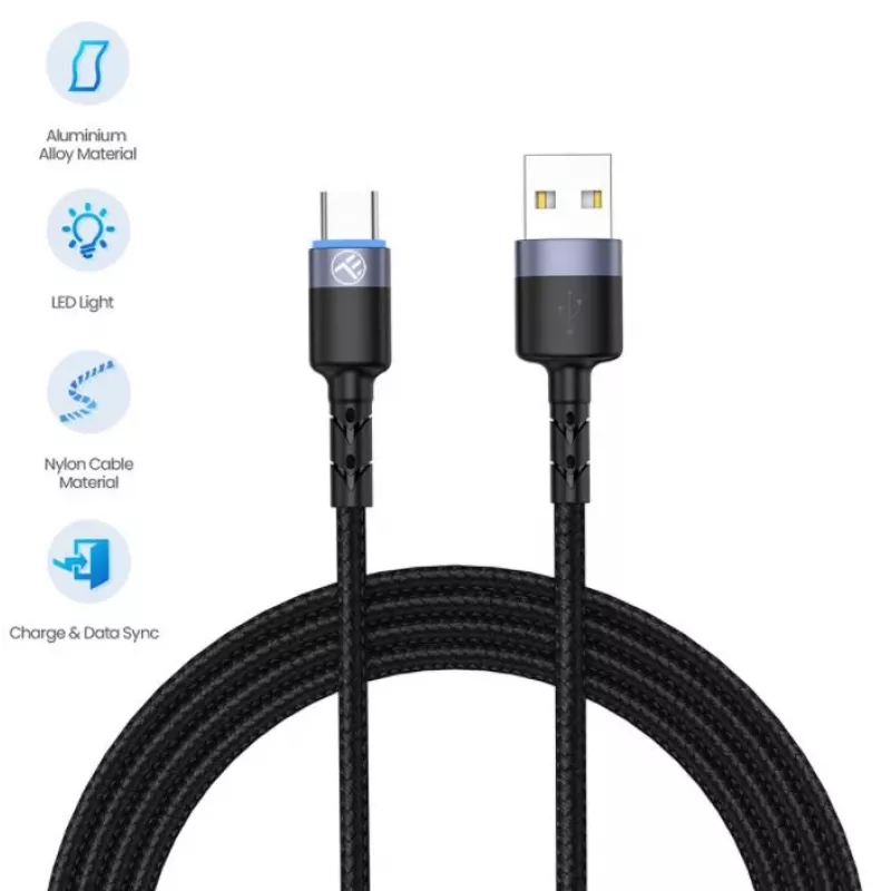 Kabel do transmisji danych Tellur USB na Type-C LED w oplocie nylonowym 1.2 m Czarny