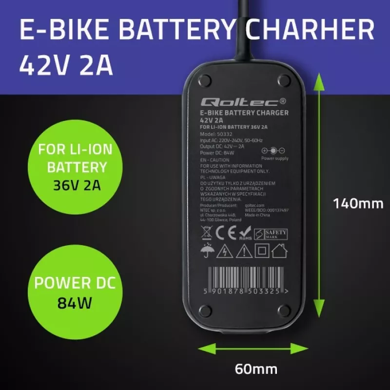 Ładowarka do roweru elektrycznego QOLTEC 50332 — wyjście 36V/42V, 2A, wtyk 5,5×2,1 mm