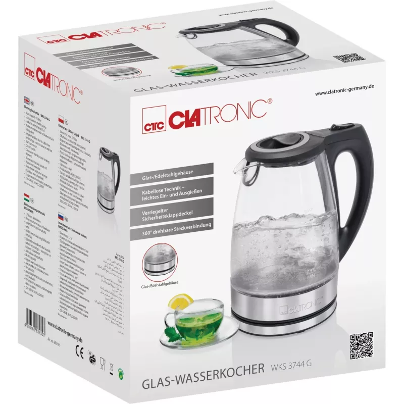 Czajnik elektryczny CLATRONIC WKS 3744 G — 1,7 L, 2200 W, stal nierdzewna/tworzywo sztuczne, wskaźnik poziomu wody