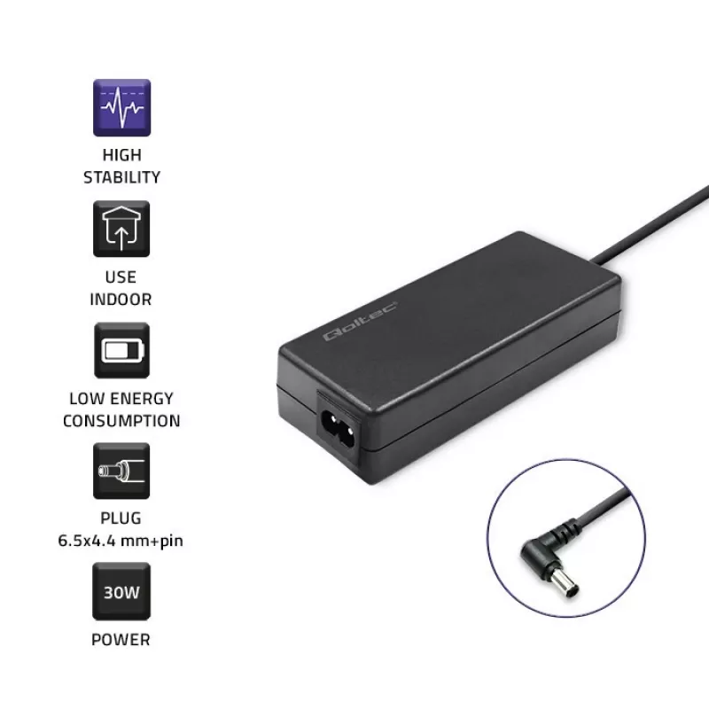 Qoltec 52400 zasilacz/przetwornica do użytku wewnętrznego 30 W Czarny
