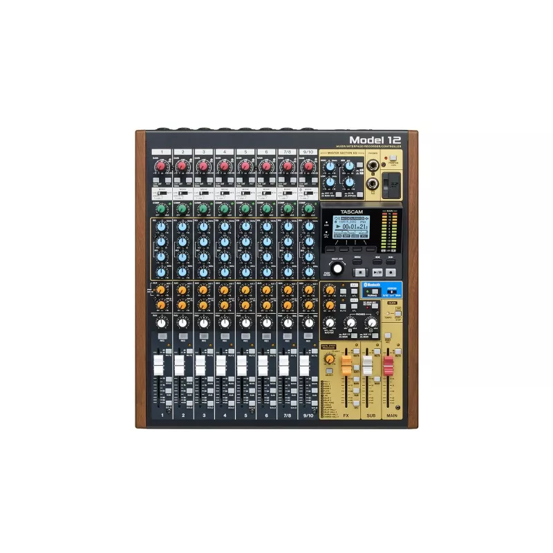 Mikser Tascam Model 12 — 12‑kanałowy mikser analogowo-cyfrowy, 24‑bitowy, 48 kHz, USB‑C, karta SD, Bluetooth 5.0