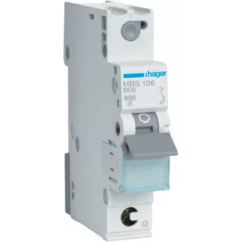 Hager MBS106. Prąd znamionowy: 6 A, Częstotliwość wejściowa AC: 50/60 Hz. Typ: B, Maksymalna liczba modułów: 1 moduł. Szerokość: 17,5 mm, Głębokość: 70 mm, Wysokość: 83,4 mm (MBS106)