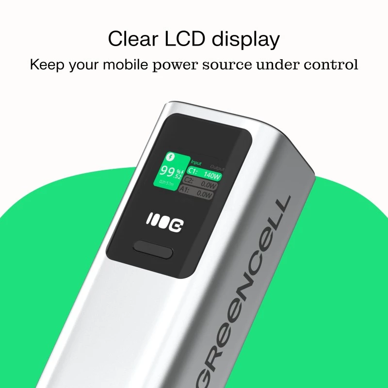 Przenośny akumulator Green Cell PBGC25UD, 25200 mAh, Li‑Ion, 140 W mocy całkowitej, 2× USB‑C + 1× USB‑A, wyświetlacz OLED, aluminiowa obudowa