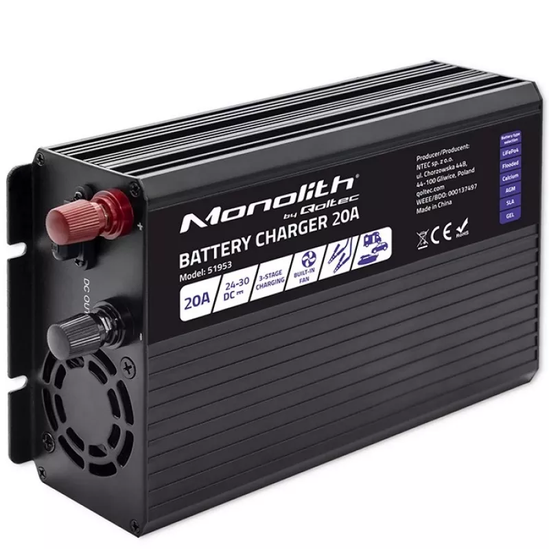 Qoltec Smart Monolith Ładowarka akumulatorów do LiFePO4 AGM GEL SLA | 20A | 24V
