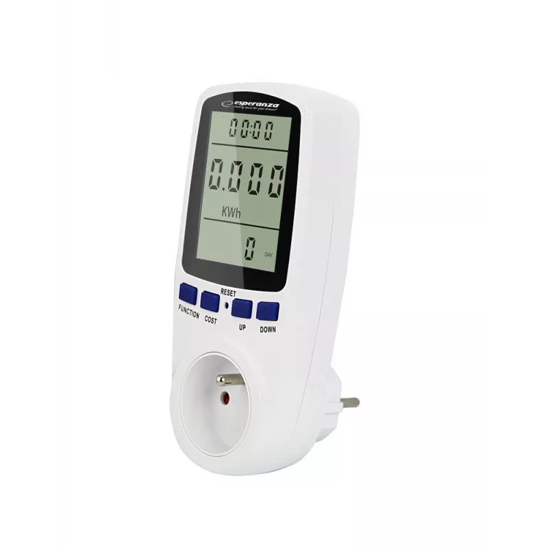 Miernik zużycia energii ESPERANZA ELA103 z wyświetlaczem LCD — 16 A, 3680 W, 230 V, 50–60 Hz