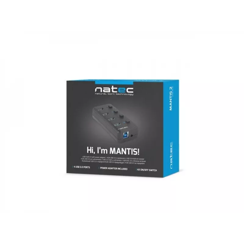 Hub USB NATEC MANTIS USB 2.0 Type-B — 4x porty USB 3.2 Gen 1 Type-A, czarny, kabel 0,8 m, zasilacz sieciowy, wyłącznik zasilania