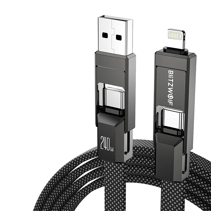 Kabel 4 w 1 BlitzWolf BW-HDC7 — USB-C, Lightning, USB-A, Micro-USB 1,2 m 240 W czarny
