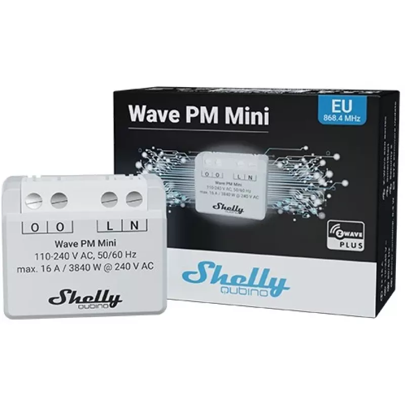 Inteligentny przełącznik Shelly Qubino Wave PM Mini szary, bezprzewodowy, 110–240 V, 16 A, 24–30 V DC, 868,4 MHz