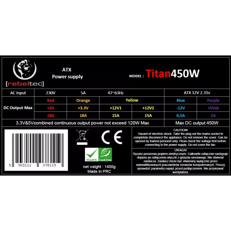 Zasilacz ATX ver2.31 TITAN 450W