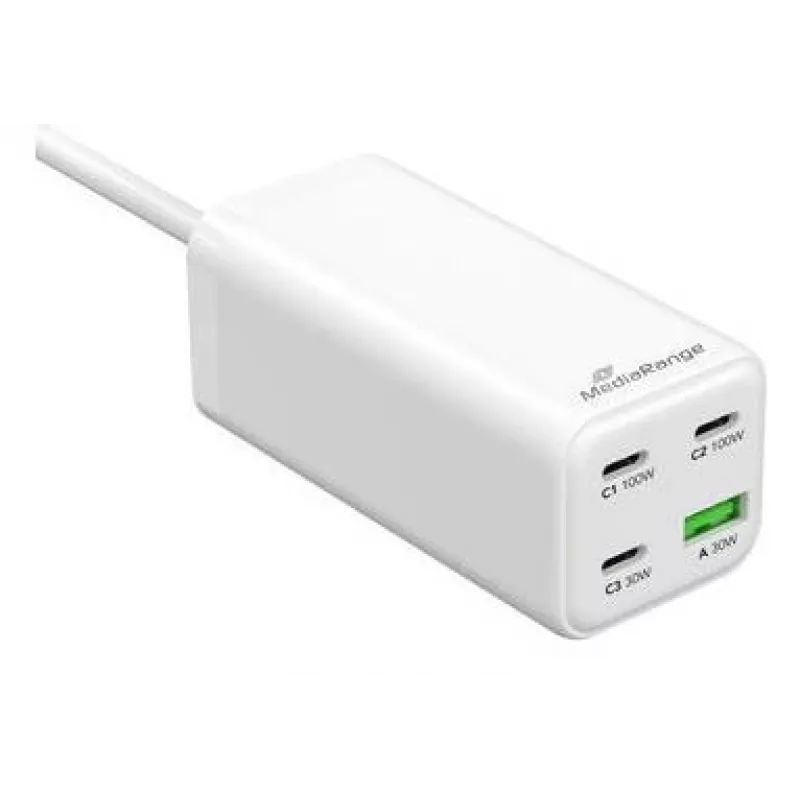 Ładowarka sieciowa MediaRange MRMA124 100 W AC, 3x USB-C, wejście 100–240 V, kabel 1,5 m, biała