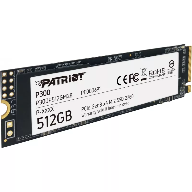 Wewnętrzny dysk SSD PATRIOT P300 512 GB M.2 PCIe NVMe — odczyt 1700 MB/s, zapis 1200 MB/s, 3D NAND, 3,8 mm, TBW 240