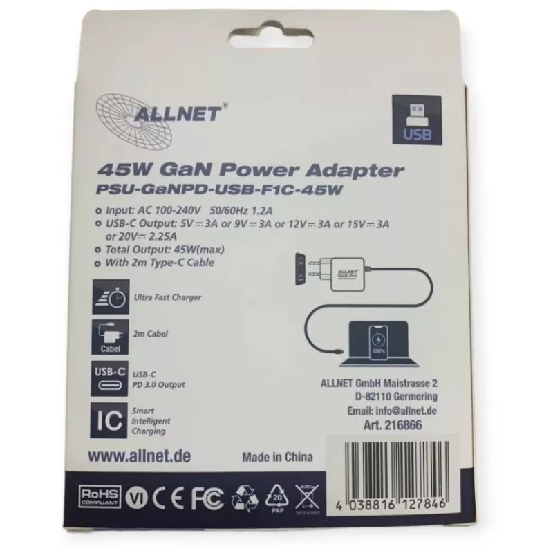 Zasilacz ALLNET PSU-GaNPD-USB-F1C-45W 45W ładowarka USB-C PD z kablem 2 m i wtyczką EU