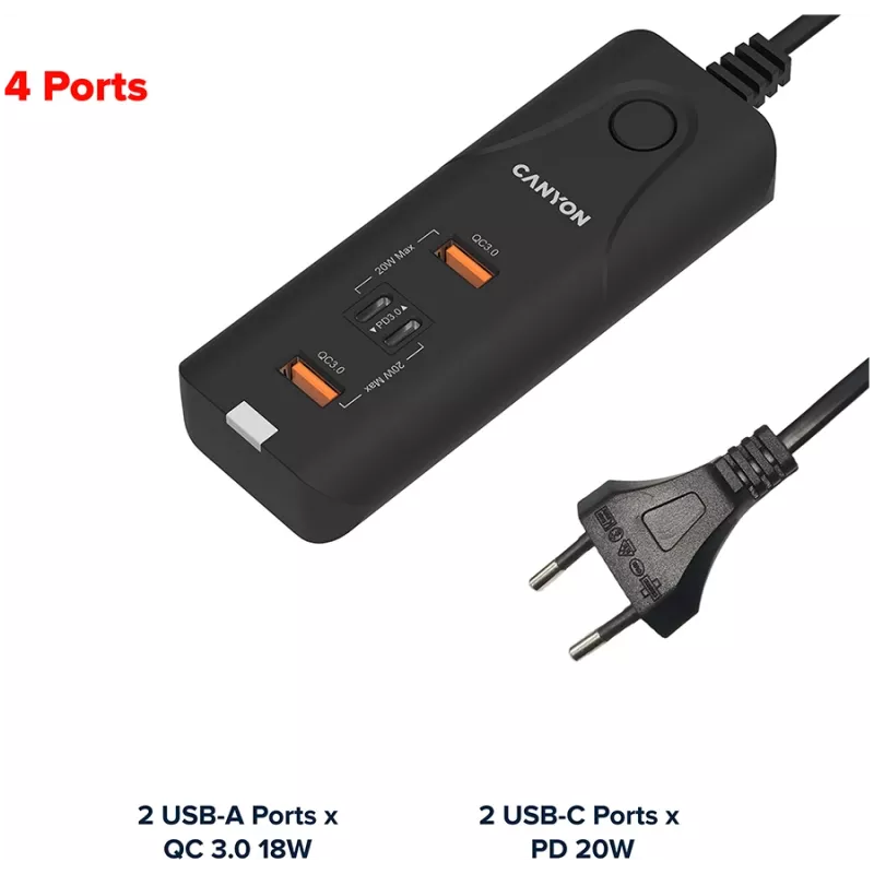 Ładowarka biurkowa CANYON H-10 PD 20W QC 3.0 18W 2USB-A 2USB-C Czarna