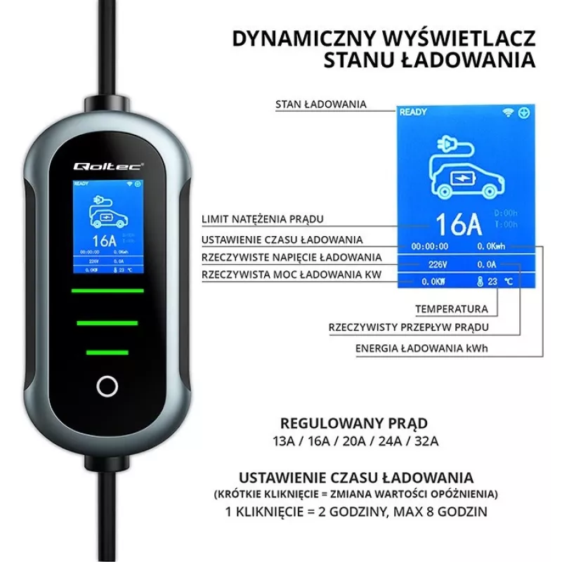 Ładowarka samochodowa QOLTEC 22 kW 400 V WiFi (TUYA) z kablem 7 m