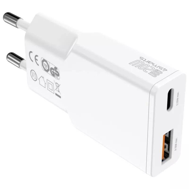 Ładowarka sieciowa do urządzeń mobilnych 4smarts 541509 — 100–240V, USB-A + USB-C, kabel 1,5 m, szybkie ładowanie, biała