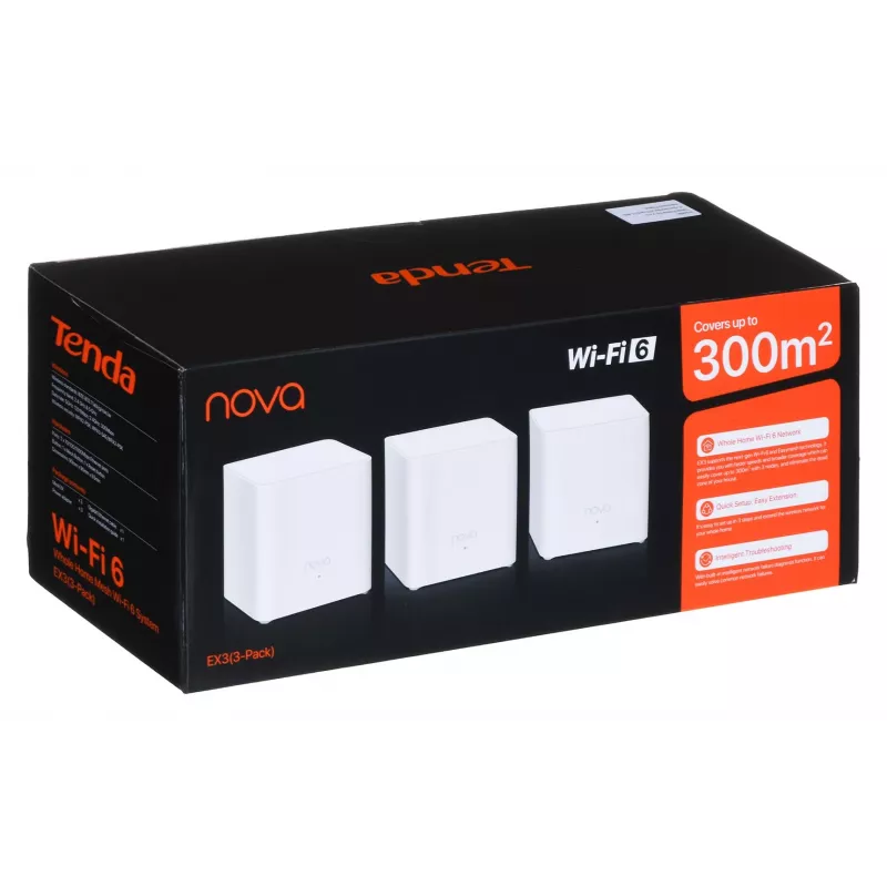 System Mesh Wi‑Fi TENDA EX3-3, 3 szt., dwuzakresowy 2,4/5 GHz, Wi‑Fi 6, do 1201+300 Mb/s, 2 anteny wewnętrzne, WPA3