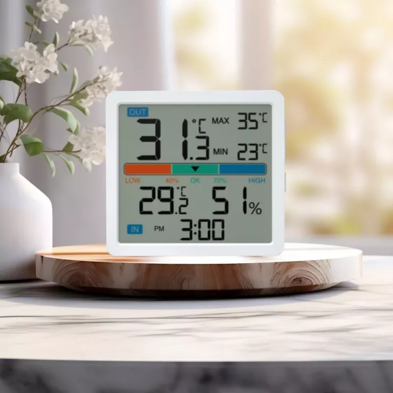 Termohigrometr MANTA MTO002W z czujnikiem zewnętrznym (150 cm), wewnątrz 0–+50°C, na zewnątrz -40–+70°C, wilgotność 20–95% RH, wskaźnik komfortu, zegar