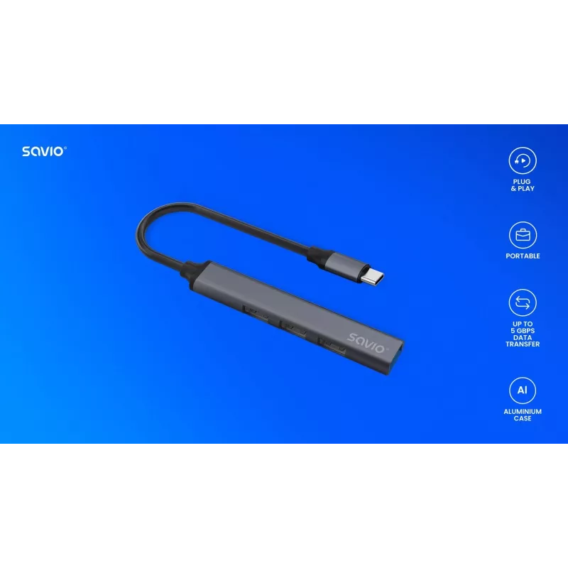 USB 3.0 4-portowy koncentrator interfejsu SAVIO AK-71 z hostem USB-C, 5000 Mbit/s, 2-letnia gwarancja