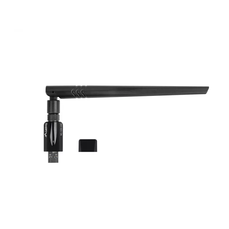 Karta WLAN wewnętrzna LANBERG NC-1200-WIE — Dwuzakresowy adapter USB WLAN, RTL8812BU, do 1200 Mbit/s, zewnętrzne anteny 2x2 (5 dBi), czarny