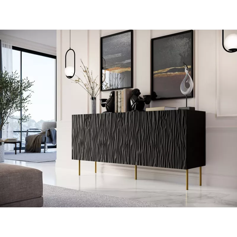 Komoda cama meble JUNGLE 1520×405×745 mm matowa czerń ze złotymi nogami, płyta wiórowa