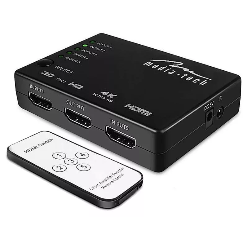 Przełącznik HDMI video MEDIA-TECH MT5207, 5 wejść HDMI, 1 wyjście HDMI, czarny