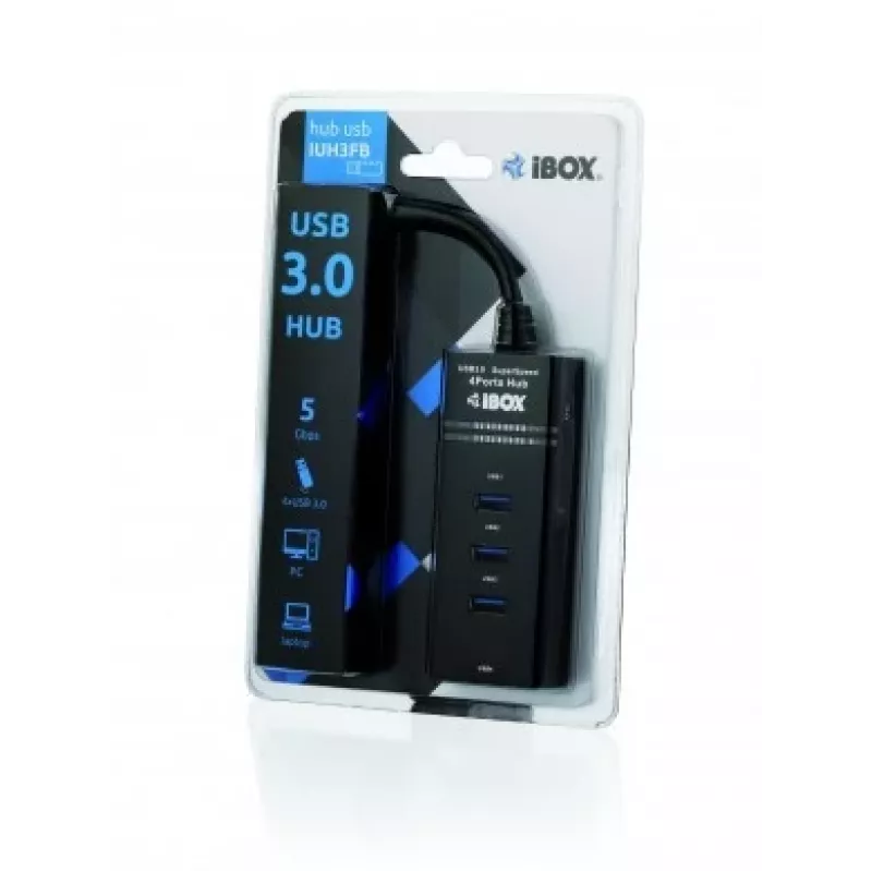 Koncentrator USB 3.2 Gen 1 Type-A 4-portowy IBOX IUH3FB, 5000 Mbit/s, czarny, kabel 0.5 m