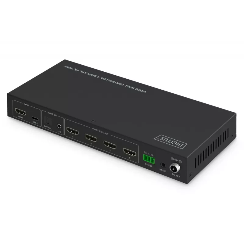 Video wall controller DIGITUS DS-55358 — 4 wyświetlacze, do 4K (3840×2160) @30Hz, DisplayPort 1.2a, obudowa metalowa, sterowanie przyciskami