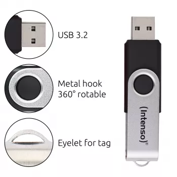 Pamięć USB Intenso Office Line, 64 GB, USB-A, 3.2 Gen 1x1, czarno-srebrna, 64 GB, USB typu A, 3.2 Gen 1 (3.1 Gen 1), obrotowy pierścień, czarny, srebrny