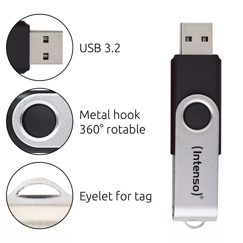 Pamięć USB Intenso Office Line, 64 GB, USB-A, 3.2 Gen 1x1, czarno-srebrna, 64 GB, USB typu A, 3.2 Gen 1 (3.1 Gen 1), obrotowy pierścień, czarny, srebrny